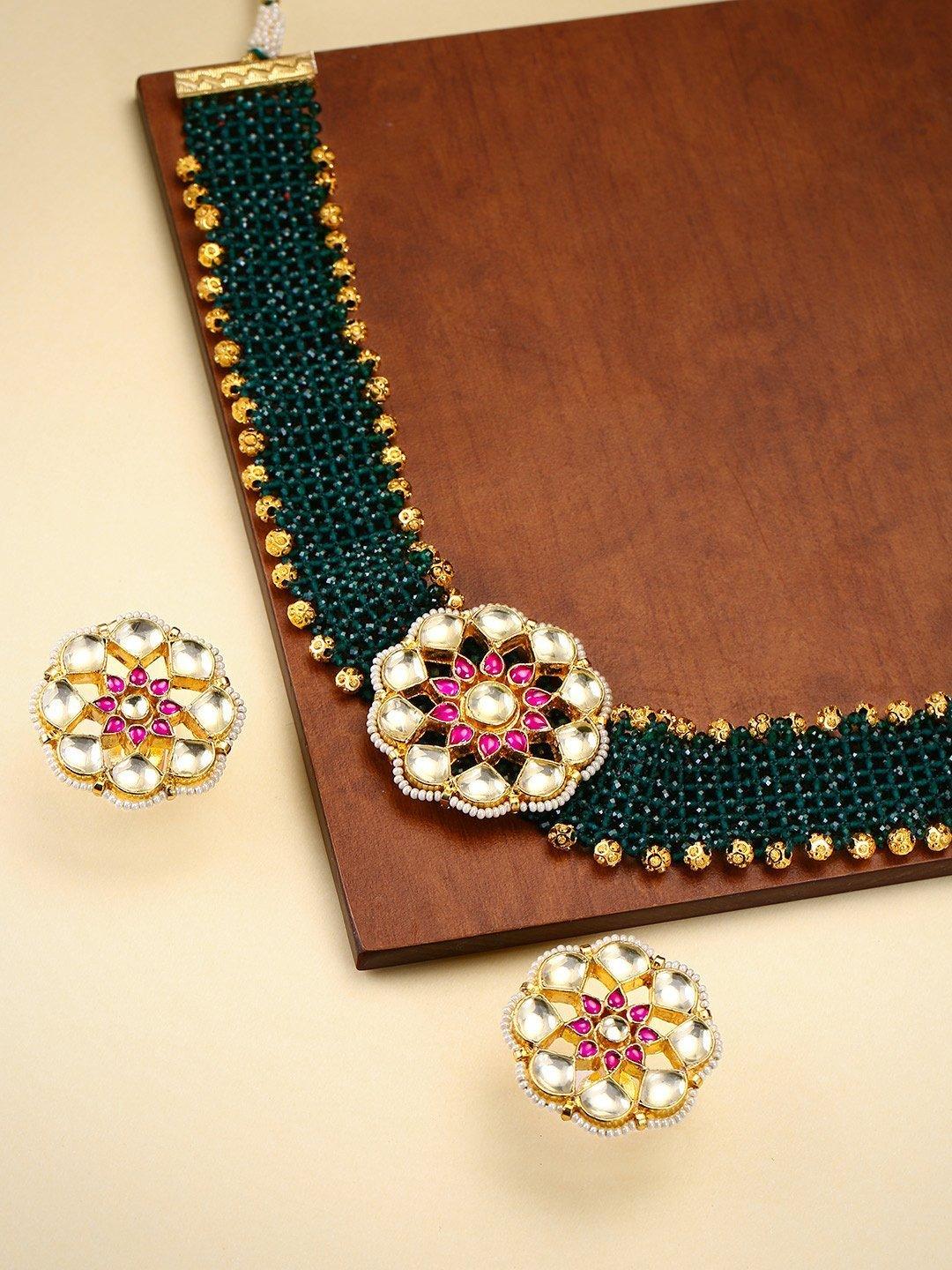 Women's Green Beads Kundan Ruby Gold Plated Choker - Priyaasi - Indiakreations