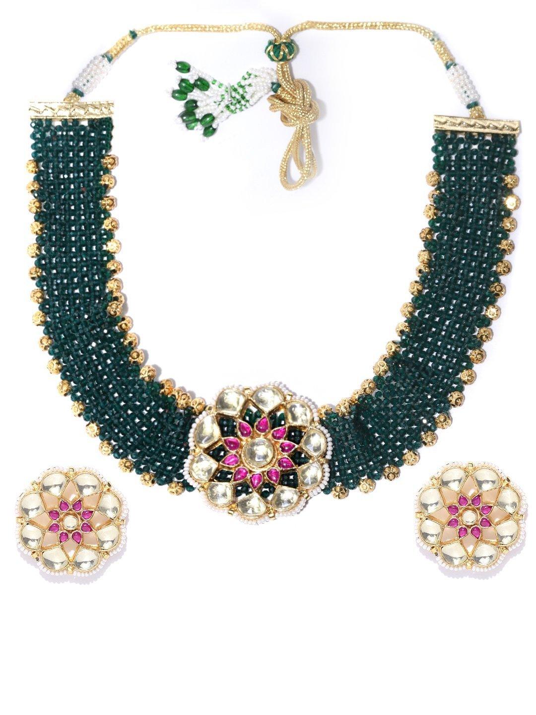 Women's Green Beads Kundan Ruby Gold Plated Choker - Priyaasi - Indiakreations