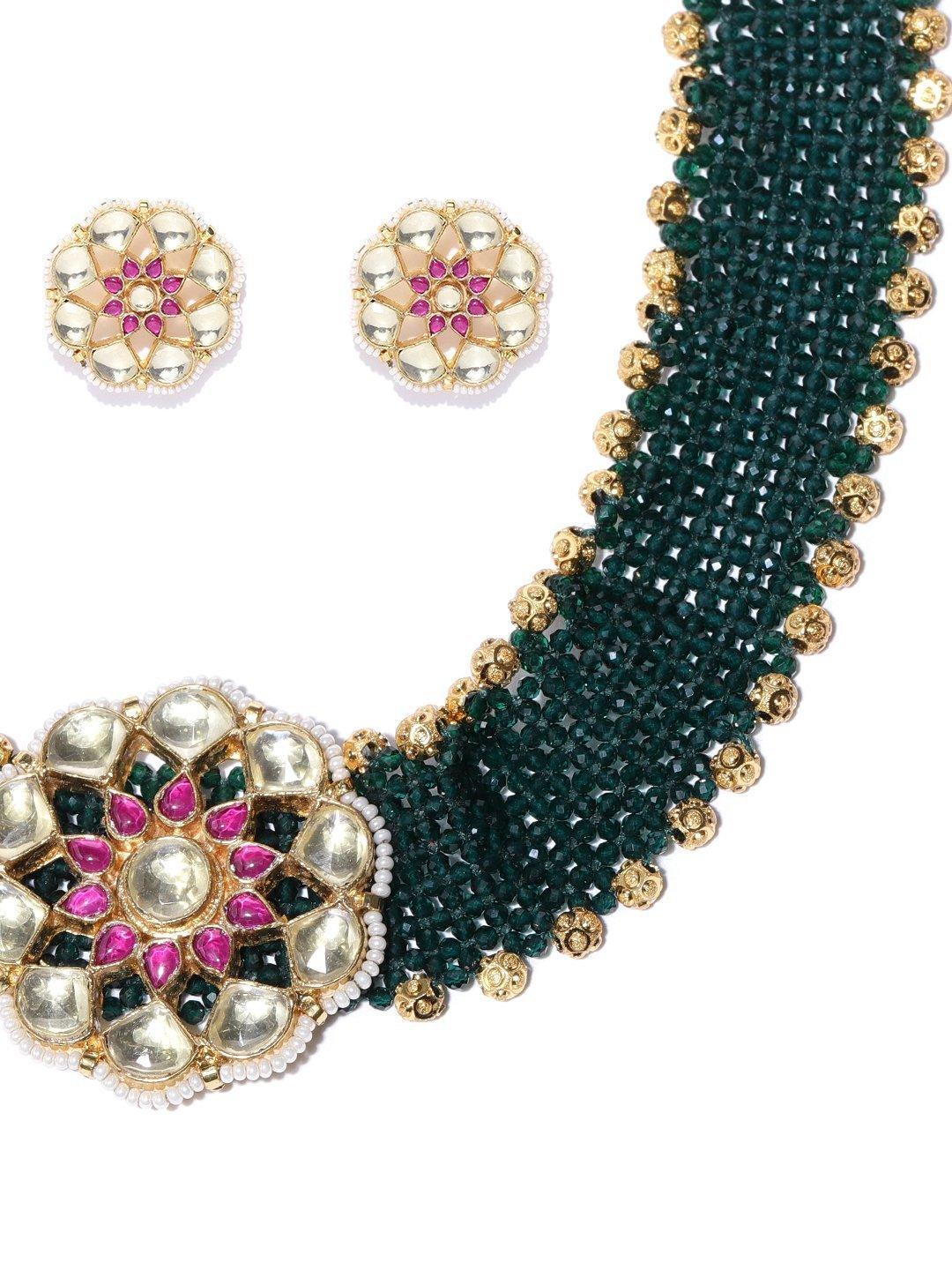 Women's Green Beads Kundan Ruby Gold Plated Choker - Priyaasi - Indiakreations