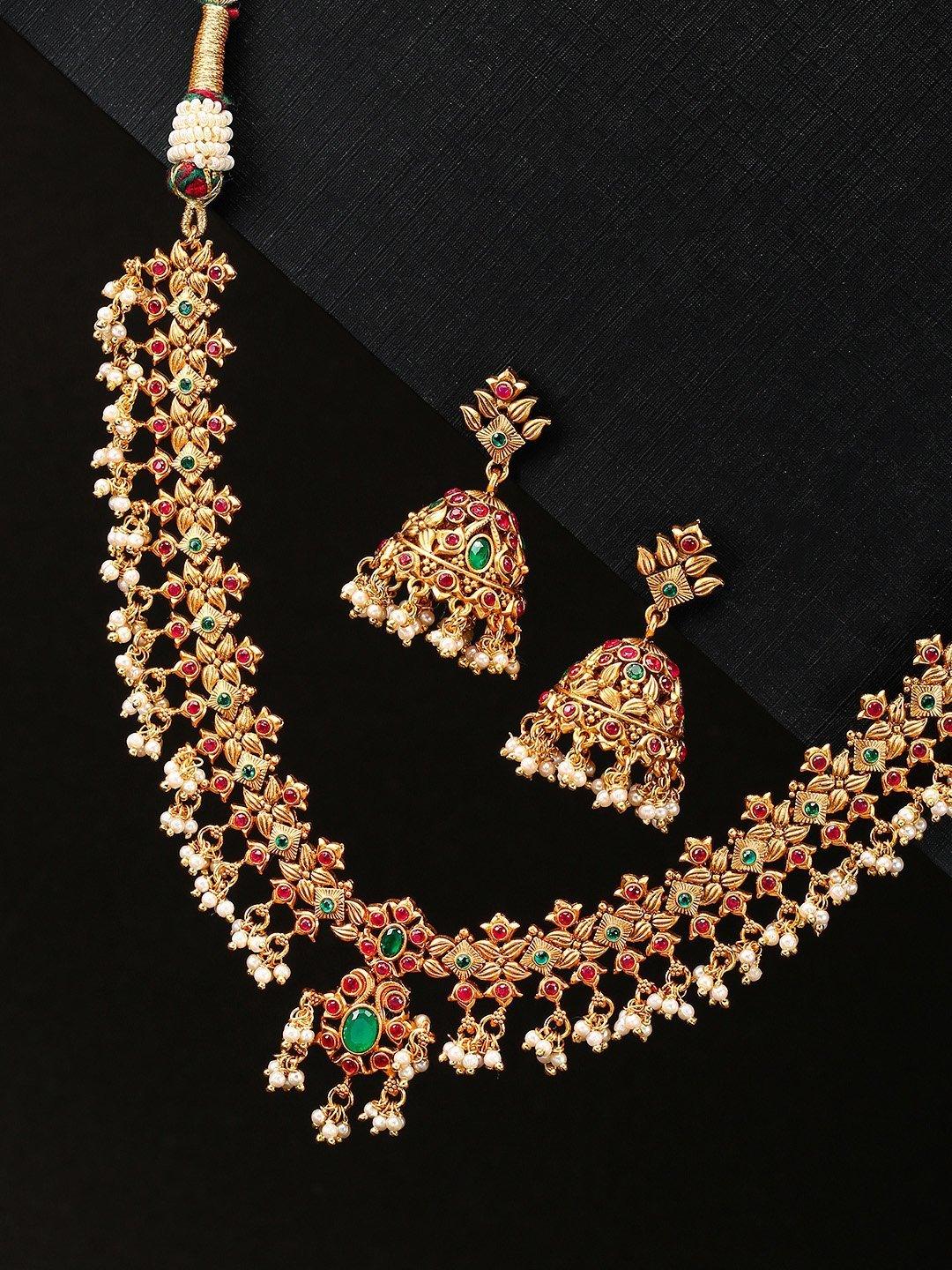 Women's Emerald Ruby Beads Gold Plated Jewellery Set - Priyaasi - Indiakreations