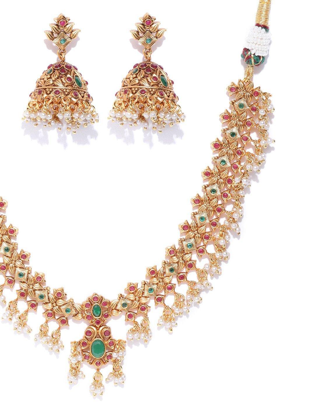 Women's Emerald Ruby Beads Gold Plated Jewellery Set - Priyaasi - Indiakreations