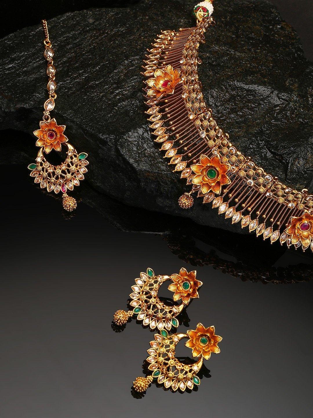 Women's Kundan Ruby Emerald Gold Plated Floral Jewellery Set - Priyaasi - Indiakreations