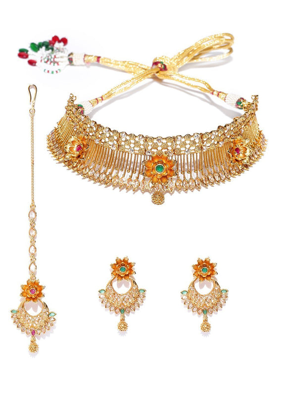 Women's Kundan Ruby Emerald Gold Plated Floral Jewellery Set - Priyaasi