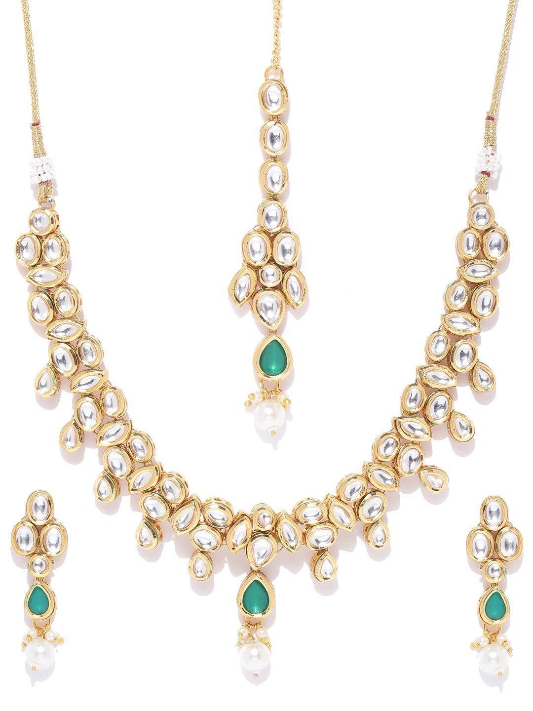 Women's Emerald Kundan Gold Plated MaangTika Jewellery Set - Priyaasi - Indiakreations