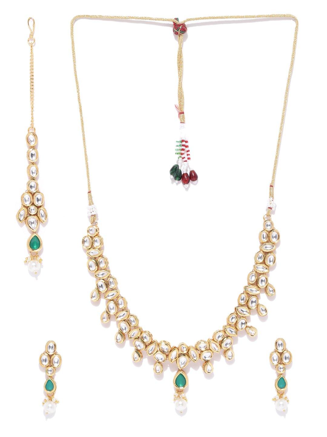 Women's Emerald Kundan Gold Plated MaangTika Jewellery Set - Priyaasi - Indiakreations