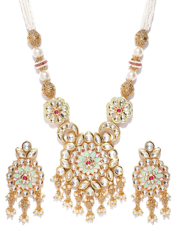 Women's Mint Green Kundan Beads Pearls Gold Plated Jewellery Set - Priyaasi