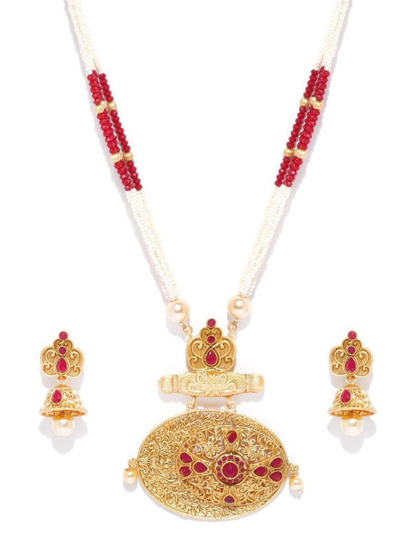 Women's White Red Beads Ruby Gold Plated Jewellery Set - Priyaasi - Indiakreations
