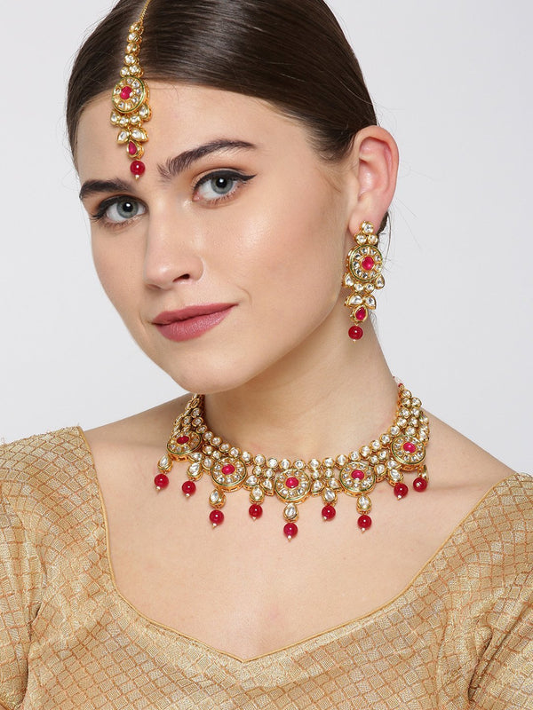 Women's Ruby Kundan Gold Plated MaangTika Jewellery Set - Priyaasi