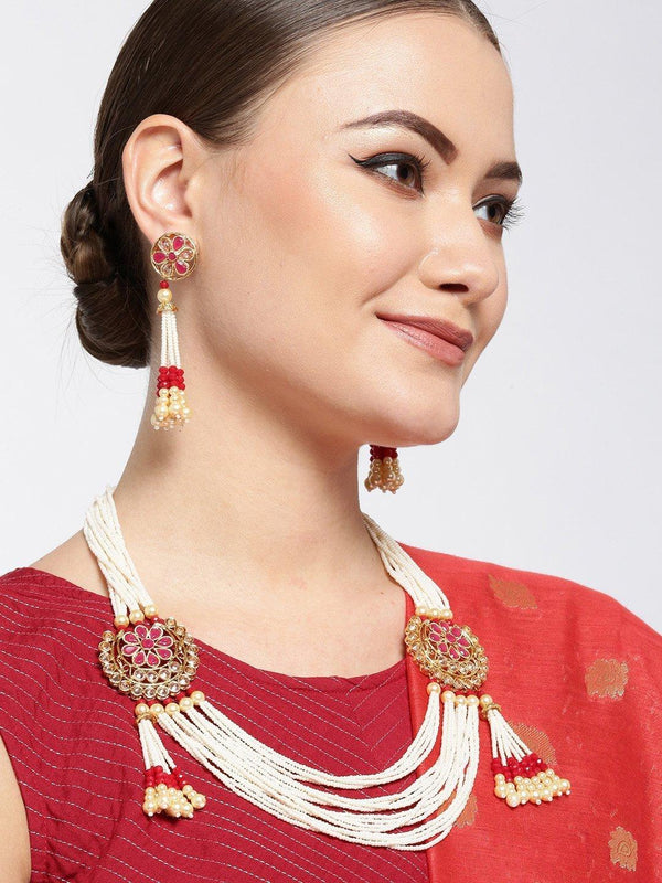 Women's White Beads Ruby Pearls Gold Plated Ranihaar Jewellery Set - Priyaasi - Indiakreations