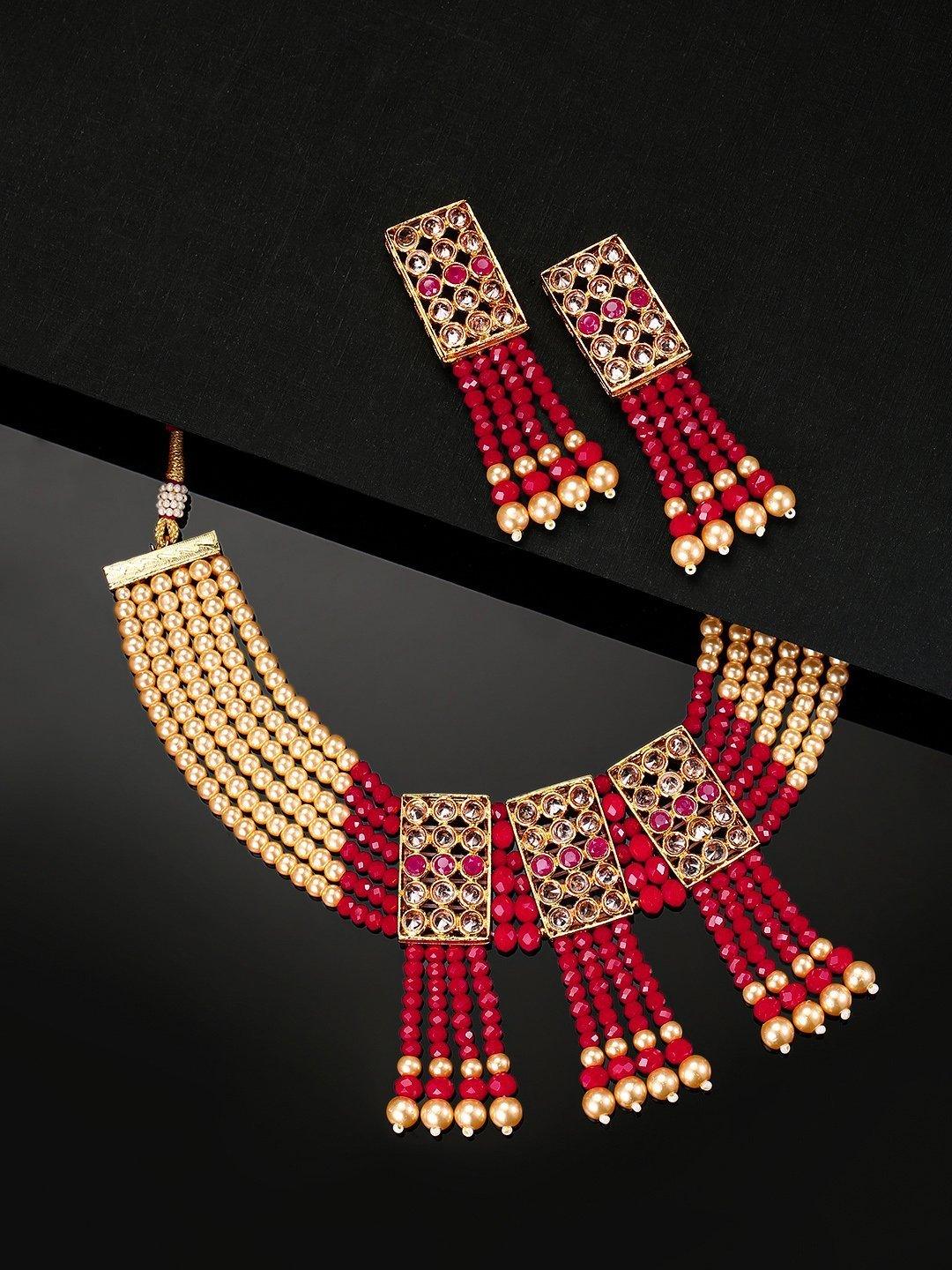 Women's Red Yellow Beads Pearls Ruby Gold Plated Jewellery Set - Priyaasi - Indiakreations