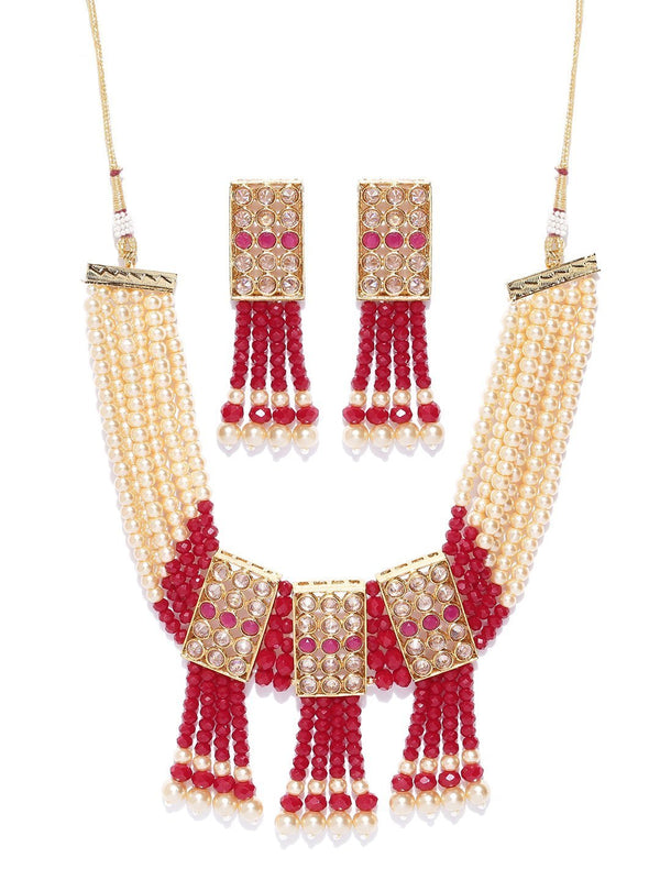 Women's Red Yellow Beads Pearls Ruby Gold Plated Jewellery Set - Priyaasi