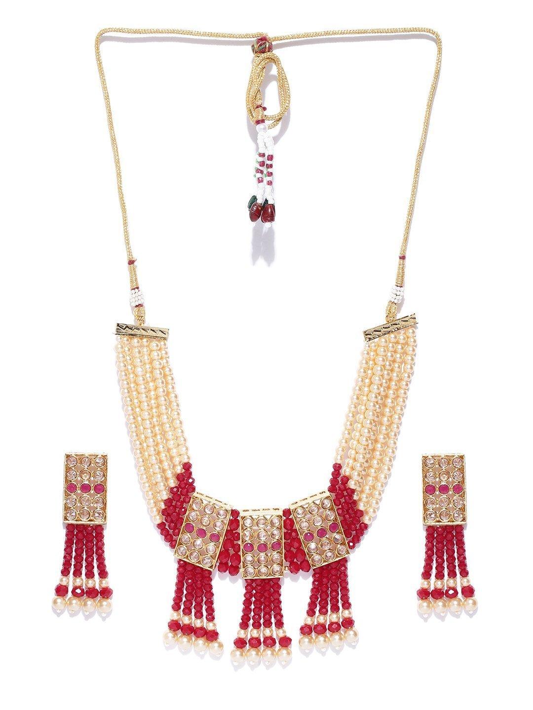 Women's Red Yellow Beads Pearls Ruby Gold Plated Jewellery Set - Priyaasi - Indiakreations