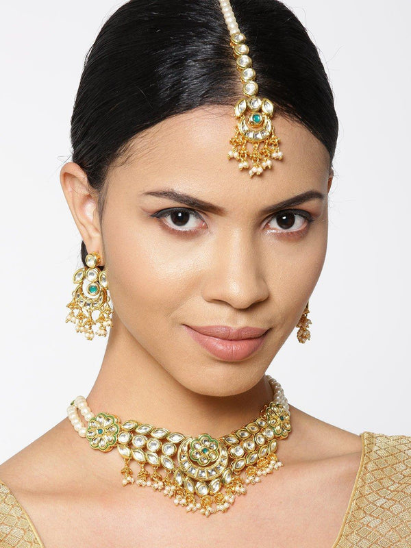 Women's Kundan Emerald Beads Gold Plated MaangTika Jewellery Set - Priyaasi - Indiakreations