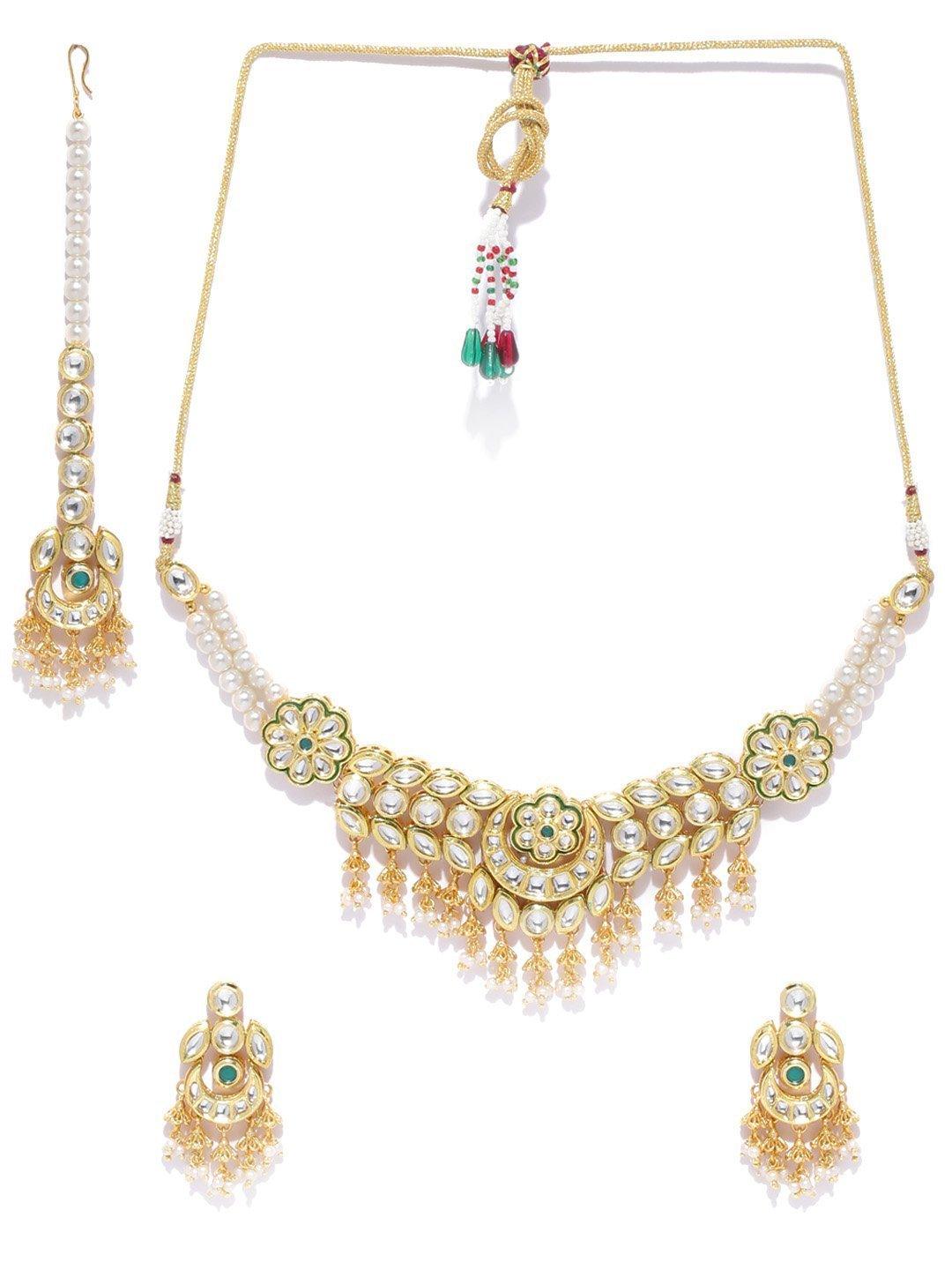 Women's Kundan Emerald Beads Gold Plated MaangTika Jewellery Set - Priyaasi - Indiakreations