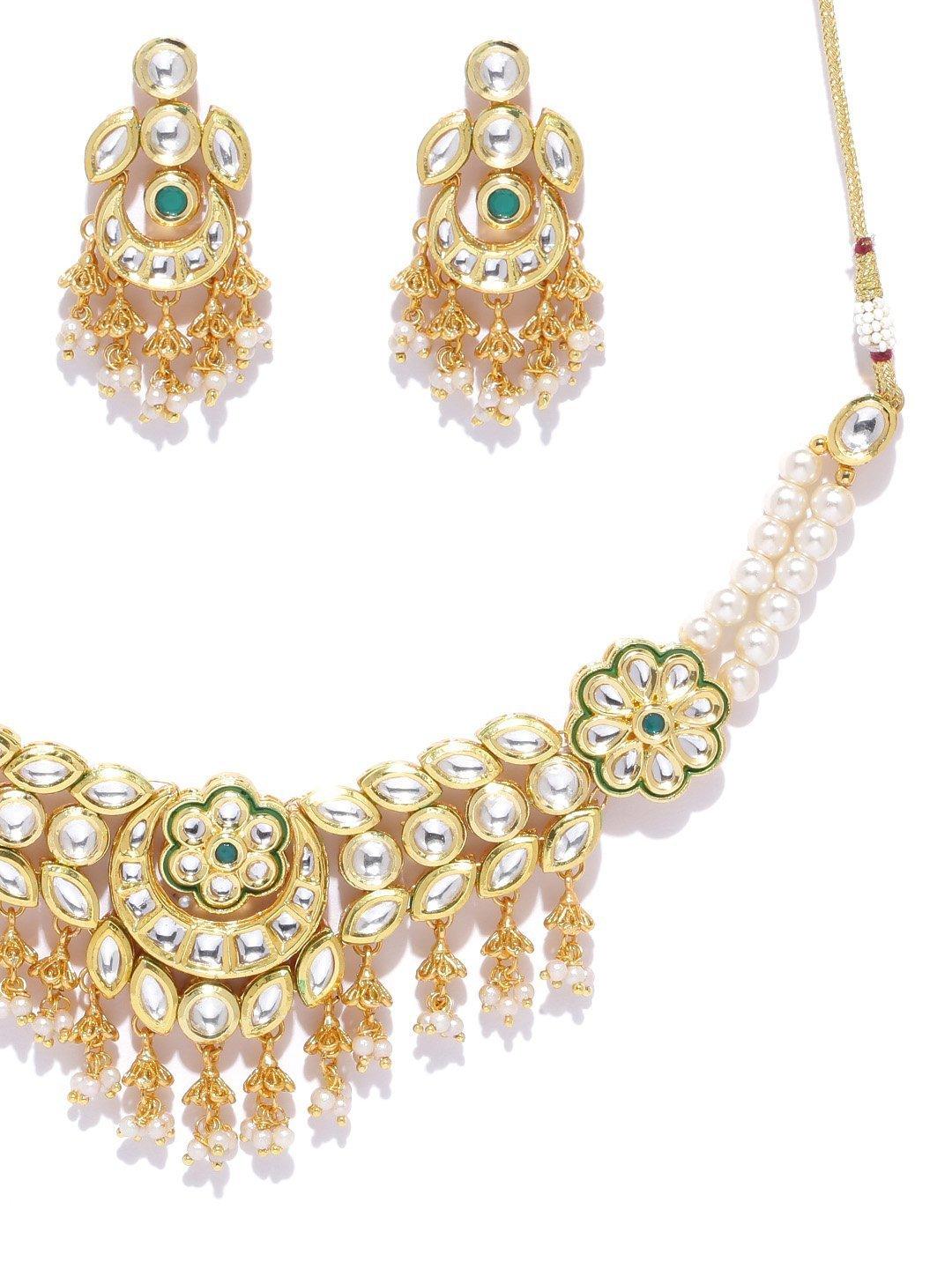 Women's Kundan Emerald Beads Gold Plated MaangTika Jewellery Set - Priyaasi - Indiakreations