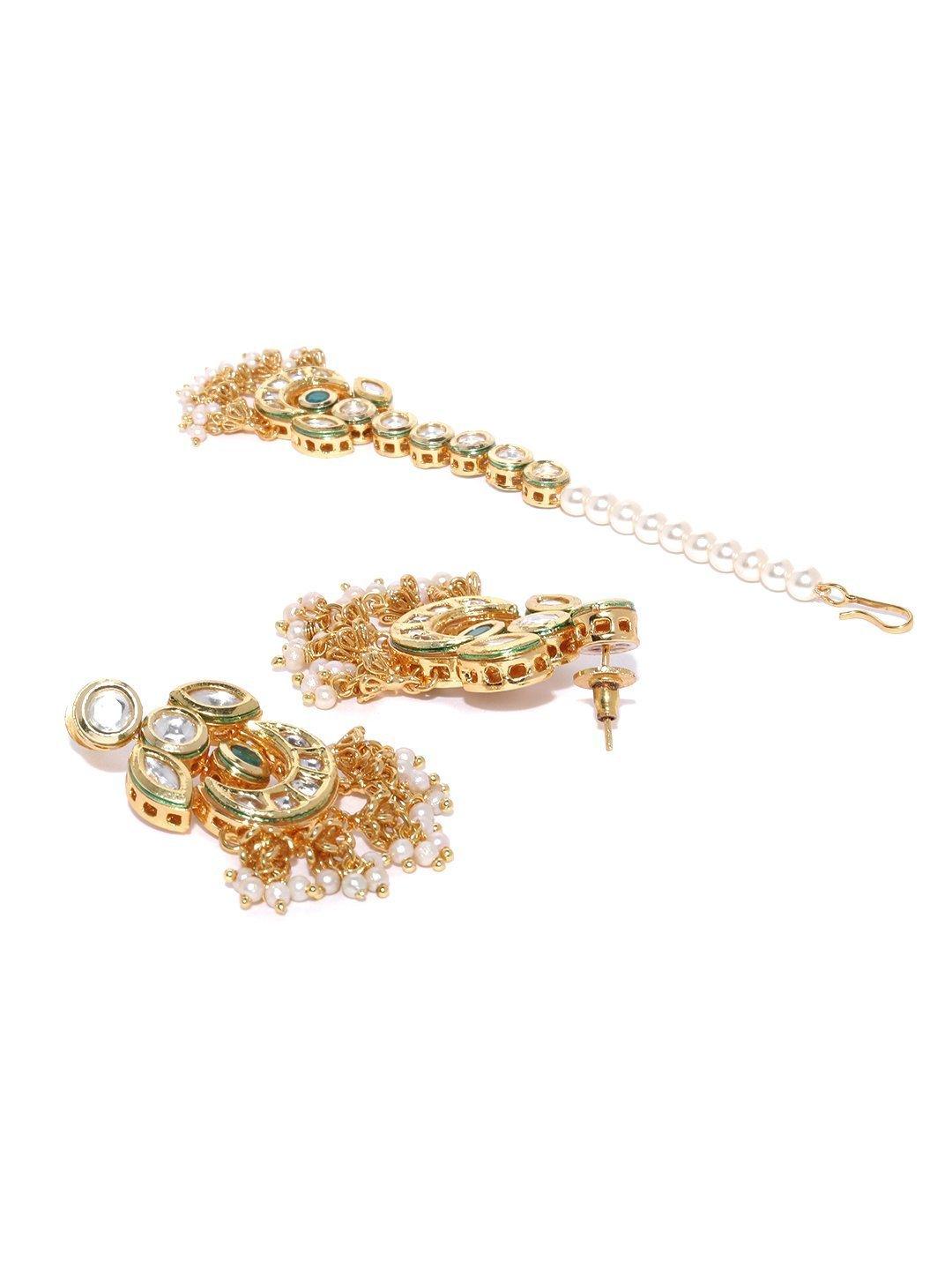 Women's Kundan Emerald Beads Gold Plated MaangTika Jewellery Set - Priyaasi - Indiakreations