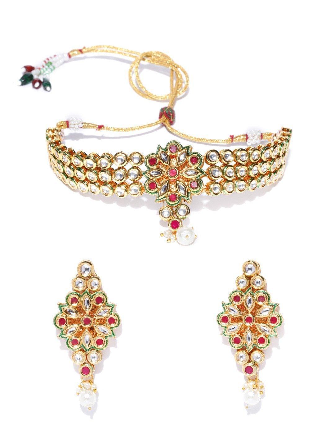 Women's Green Kundan Pearls Gold Plated Choker - Priyaasi - Indiakreations