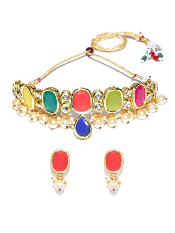 Women's Multi-Color Stones Pearls Kundan Gold Plated Jewellery Set - Priyaasi