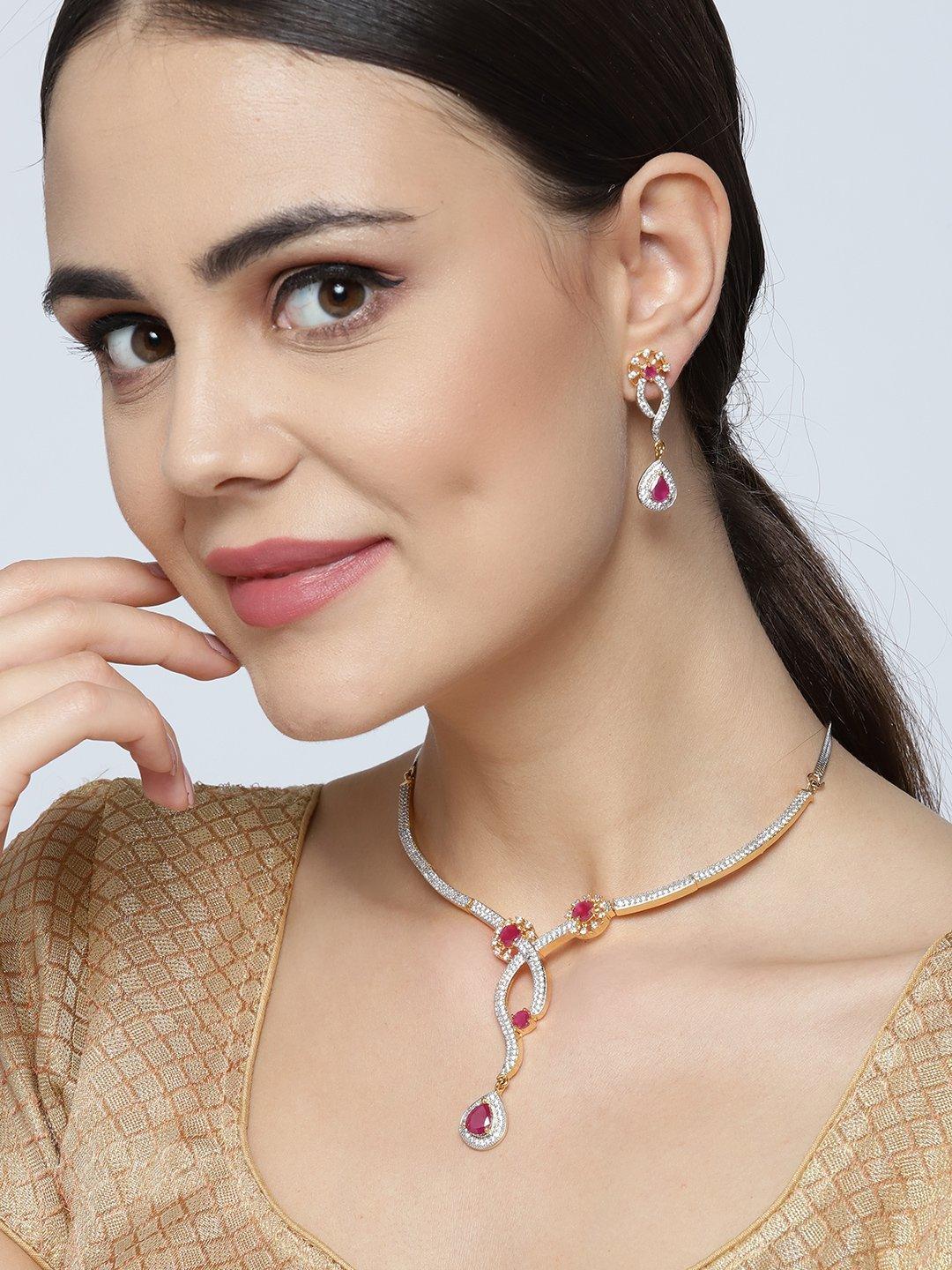 Women's Pink Ruby American Diamond Gold Plated Jewellery Set - Priyaasi - Indiakreations