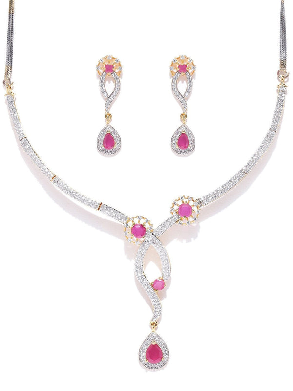 Women's Pink Ruby American Diamond Gold Plated Jewellery Set - Priyaasi