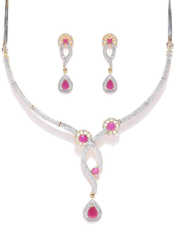 Women's Pink Ruby American Diamond Gold Plated Jewellery Set - Priyaasi - Indiakreations