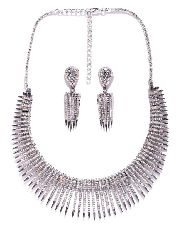 Women's Black American Diamond Rhodium Plated Linear Jewellery Set - Priyaasi - Indiakreations