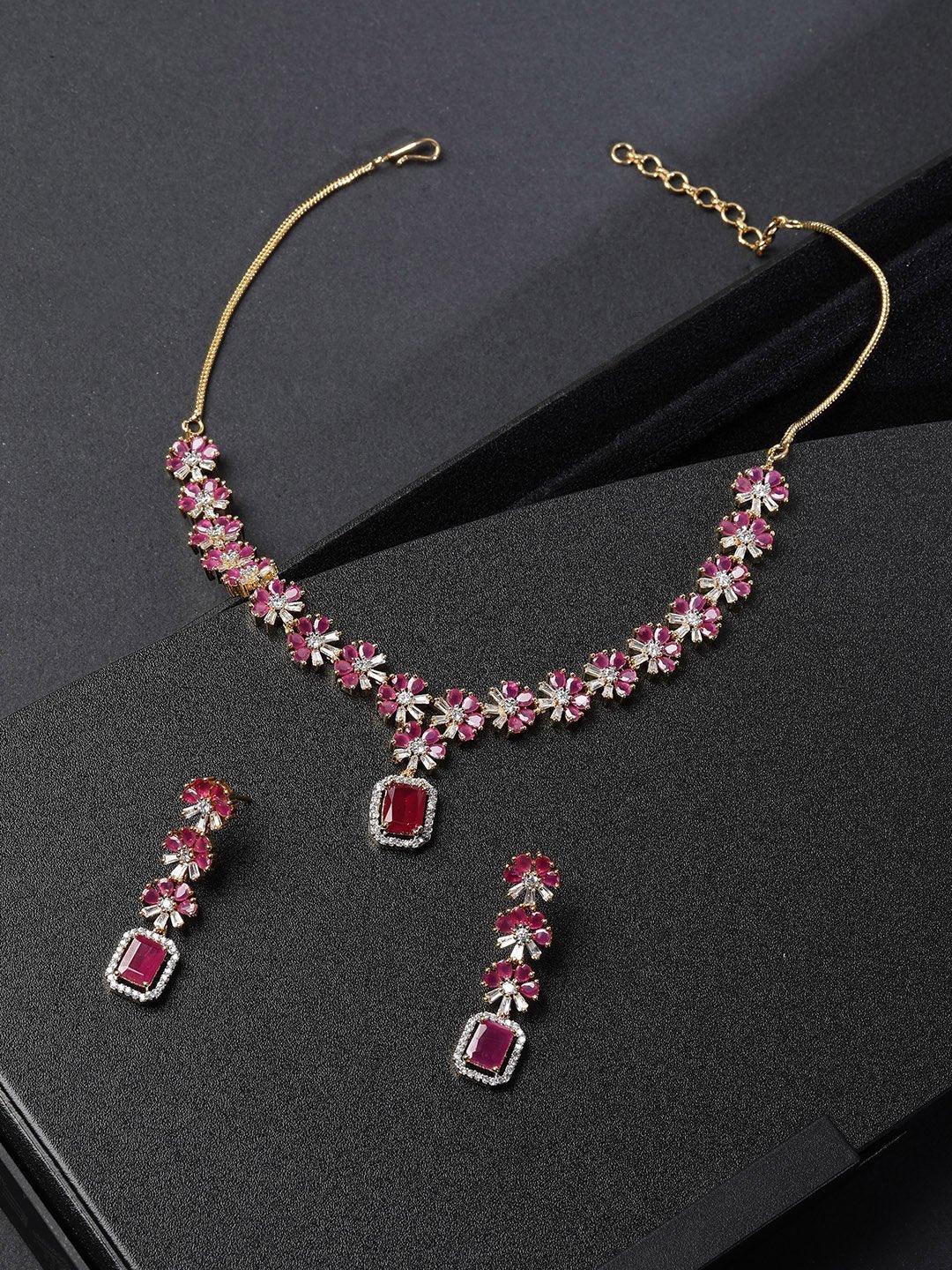 Women's Pink Ruby American Diamond Gold Plated Jewellery Set - Priyaasi - Indiakreations