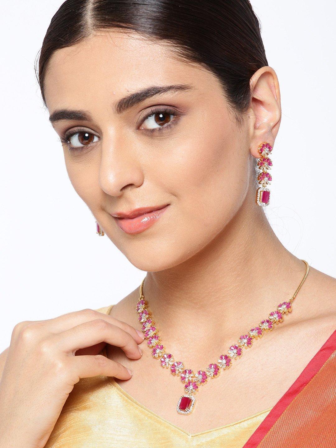 Women's Pink Ruby American Diamond Gold Plated Jewellery Set - Priyaasi - Indiakreations