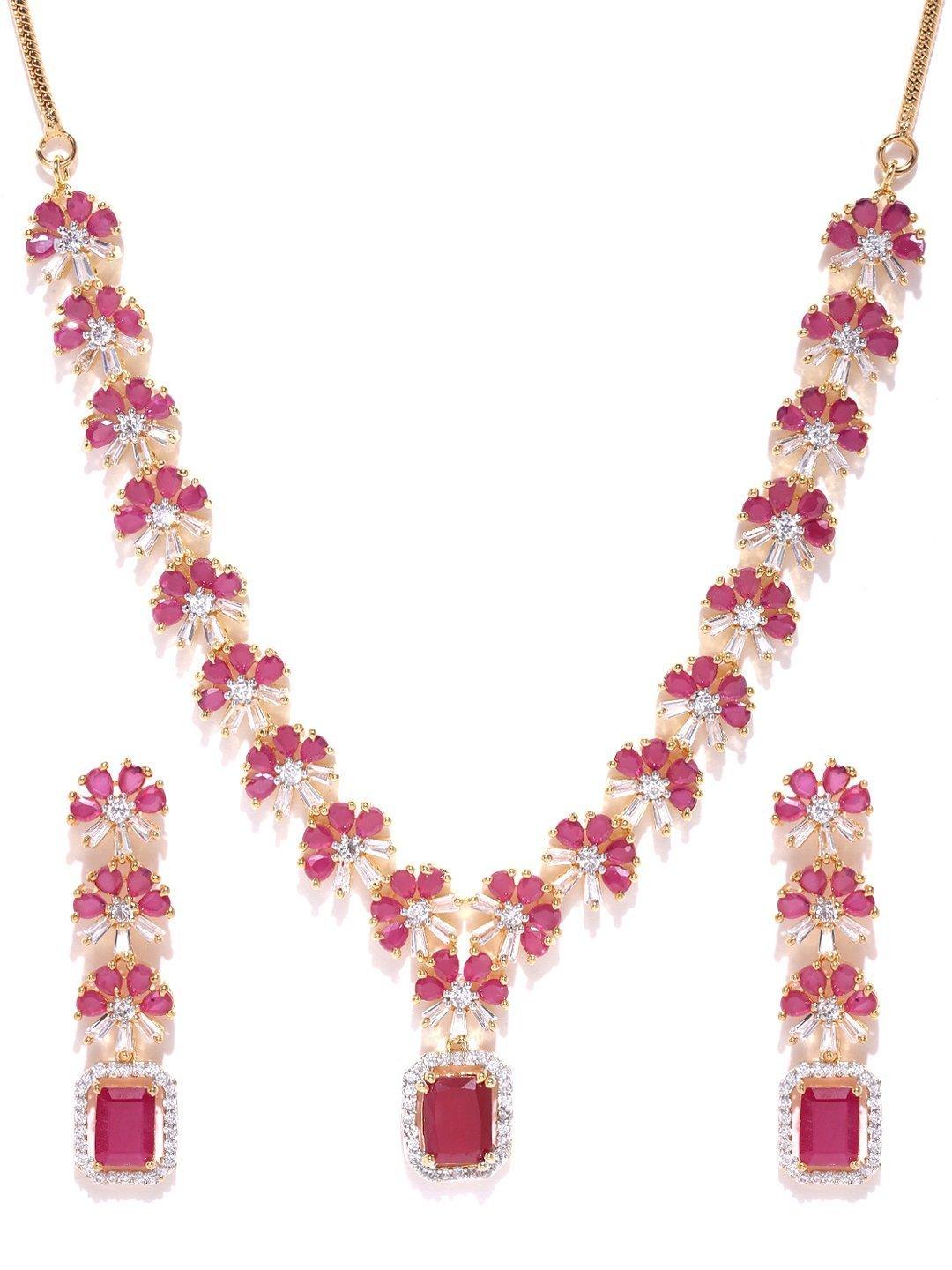 Women's Pink Ruby American Diamond Gold Plated Jewellery Set - Priyaasi - Indiakreations