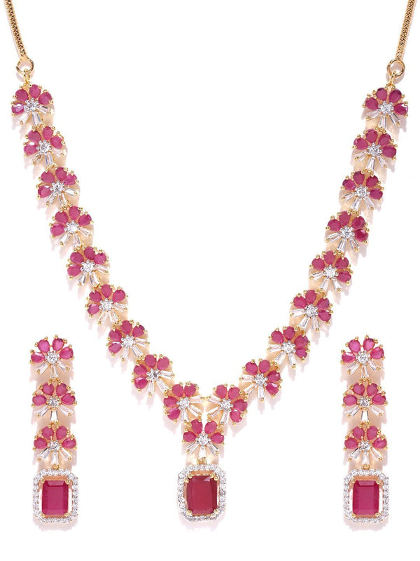 Women's Pink Ruby American Diamond Gold Plated Jewellery Set - Priyaasi