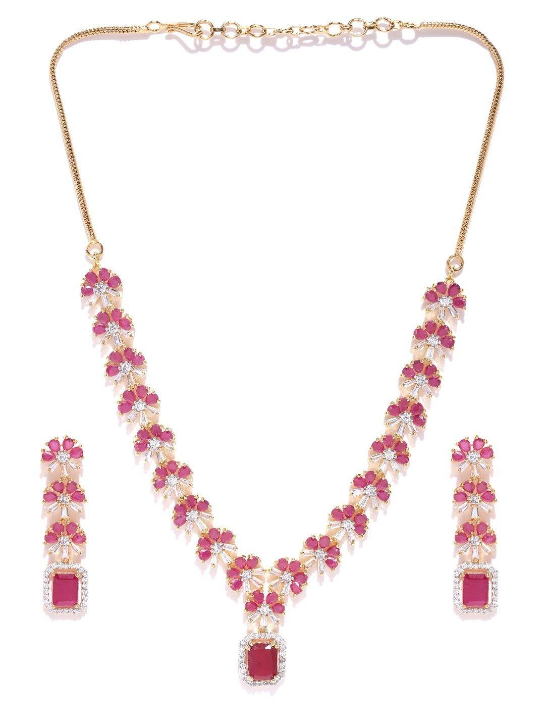 Women's Pink Ruby American Diamond Gold Plated Jewellery Set - Priyaasi - Indiakreations