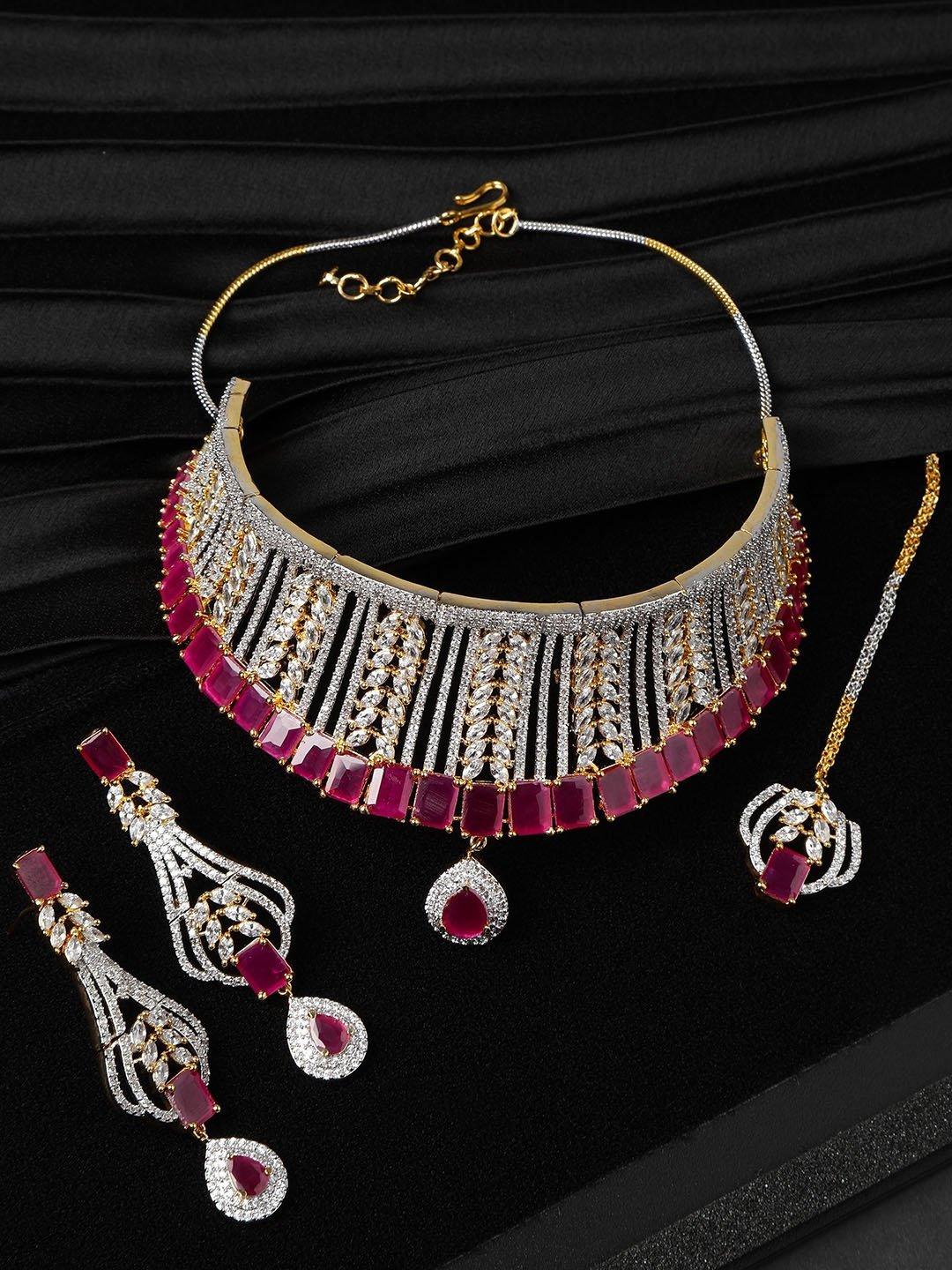 Women's Pink Ruby American Diamond MaangTika Jewellery Set - Priyaasi - Indiakreations