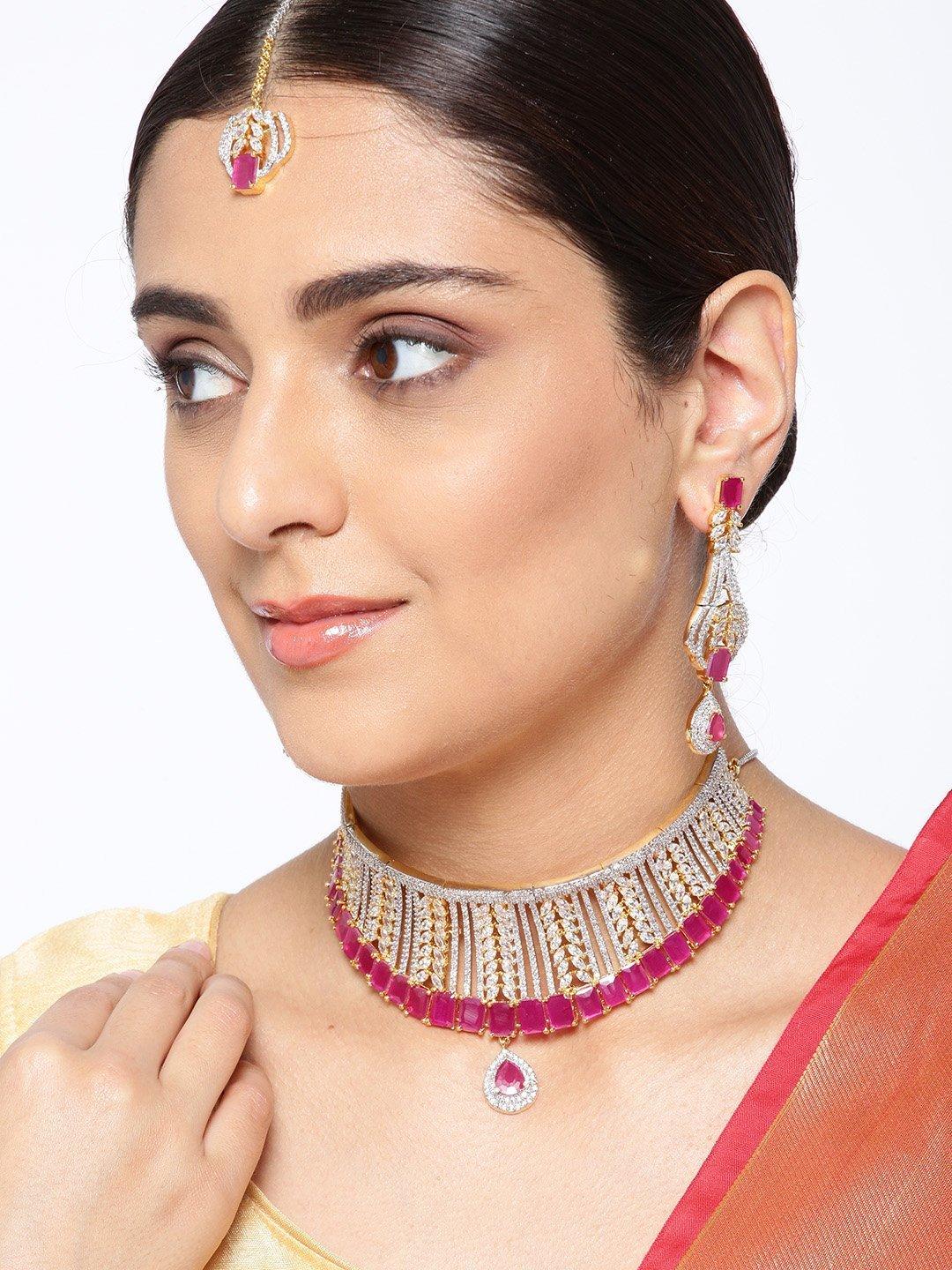 Women's Pink Ruby American Diamond MaangTika Jewellery Set - Priyaasi - Indiakreations