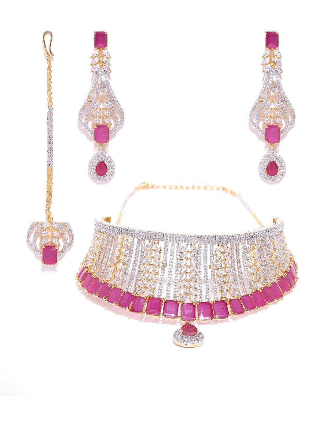 Women's Pink Ruby American Diamond MaangTika Jewellery Set - Priyaasi - Indiakreations