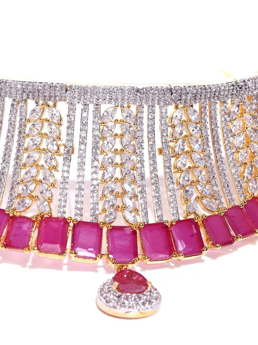 Women's Pink Ruby American Diamond MaangTika Jewellery Set - Priyaasi - Indiakreations