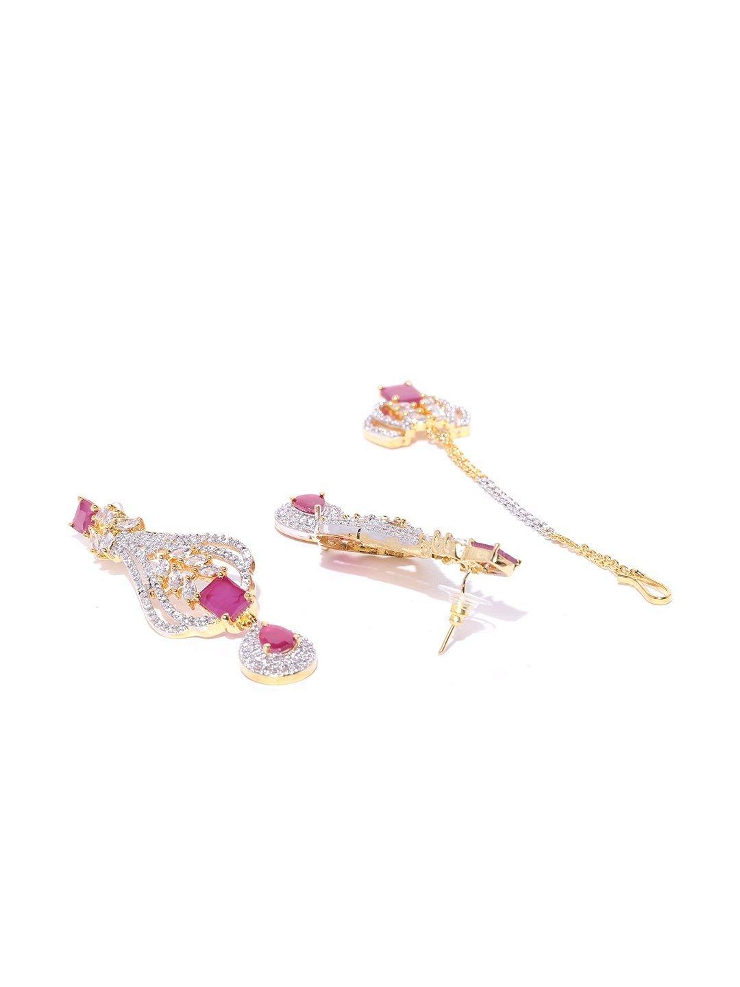 Women's Pink Ruby American Diamond MaangTika Jewellery Set - Priyaasi - Indiakreations