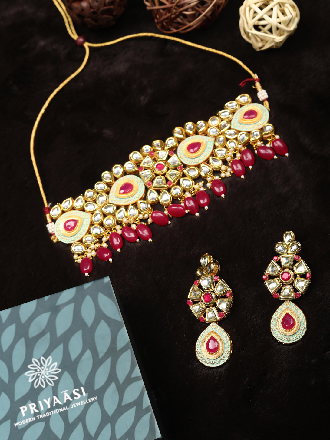 Women's Ruby Kundan Beads Gold Plated Meenakari Choker Set - Priyaasi - Indiakreations