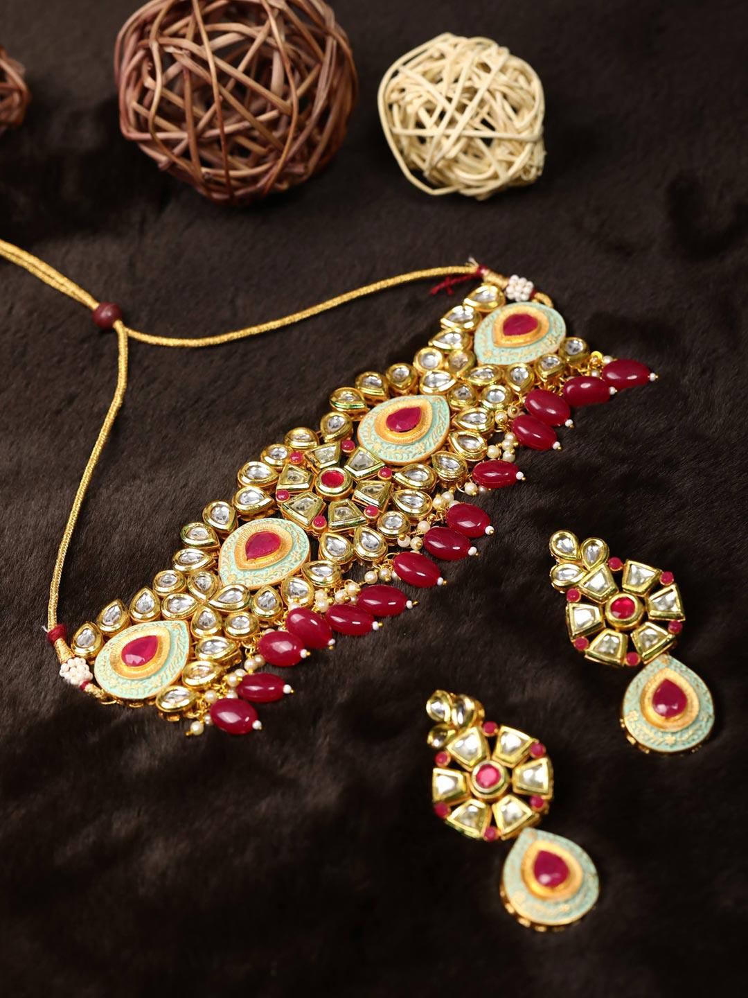 Women's Ruby Kundan Beads Gold Plated Meenakari Choker Set - Priyaasi - Indiakreations