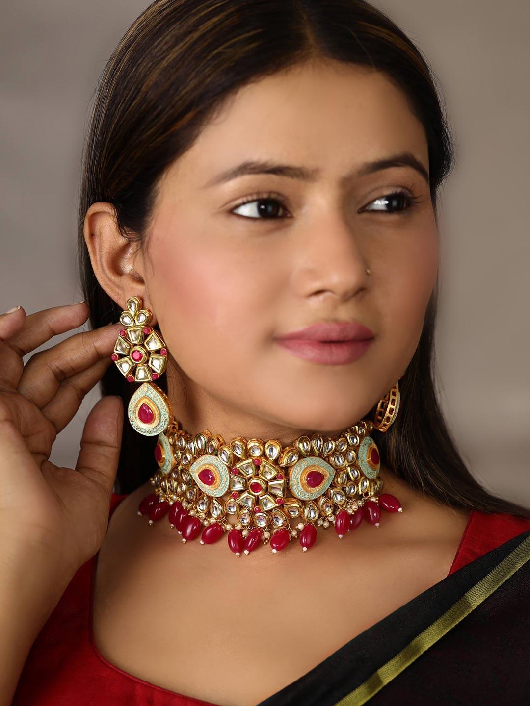 Women's Ruby Kundan Beads Gold Plated Meenakari Choker Set - Priyaasi - Indiakreations