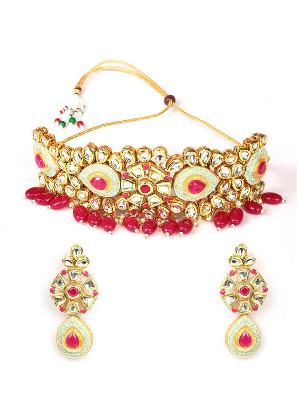 Women's Ruby Kundan Beads Gold Plated Meenakari Choker Set - Priyaasi - Indiakreations