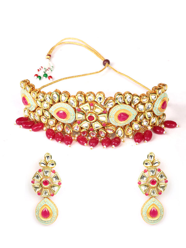 Women's Ruby Kundan Beads Gold Plated Meenakari Choker Set - Priyaasi