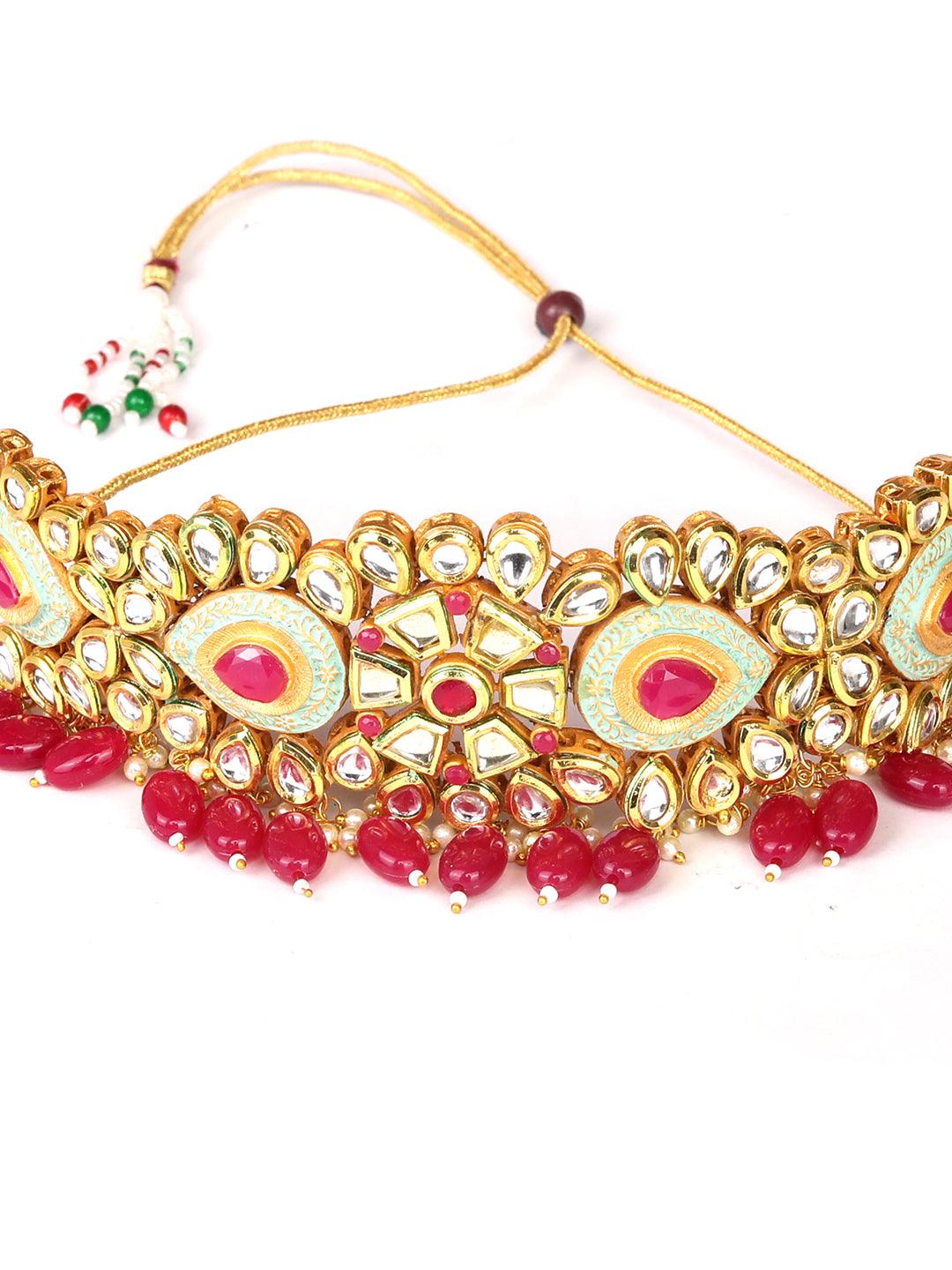 Women's Ruby Kundan Beads Gold Plated Meenakari Choker Set - Priyaasi - Indiakreations