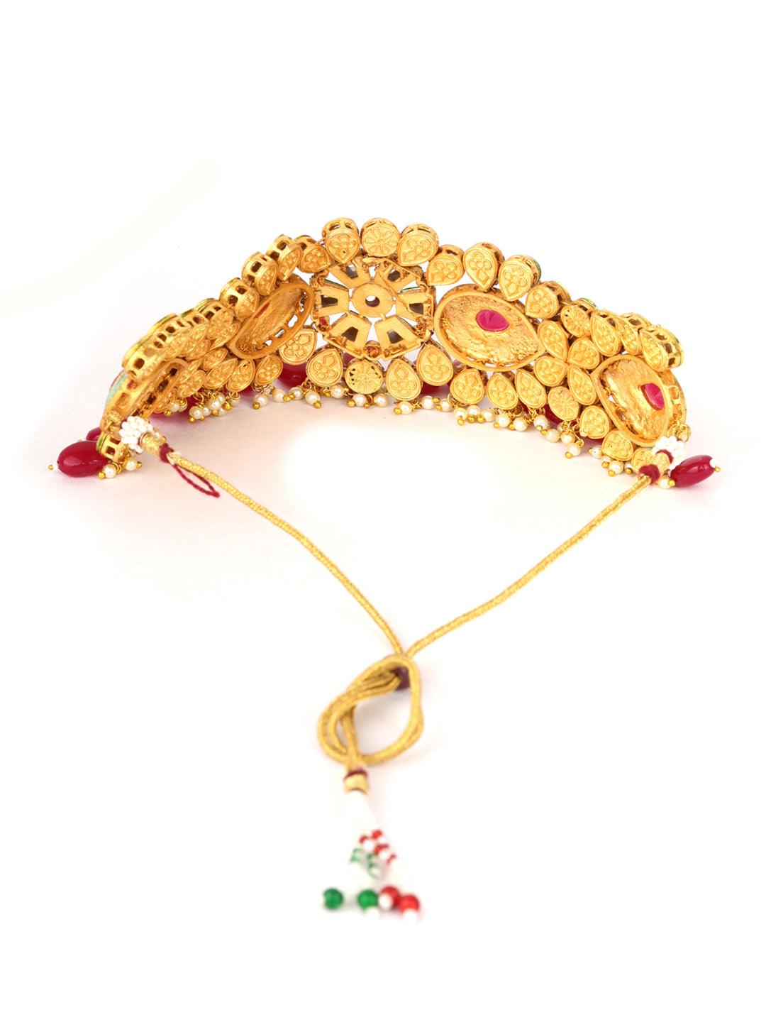 Women's Ruby Kundan Beads Gold Plated Meenakari Choker Set - Priyaasi - Indiakreations