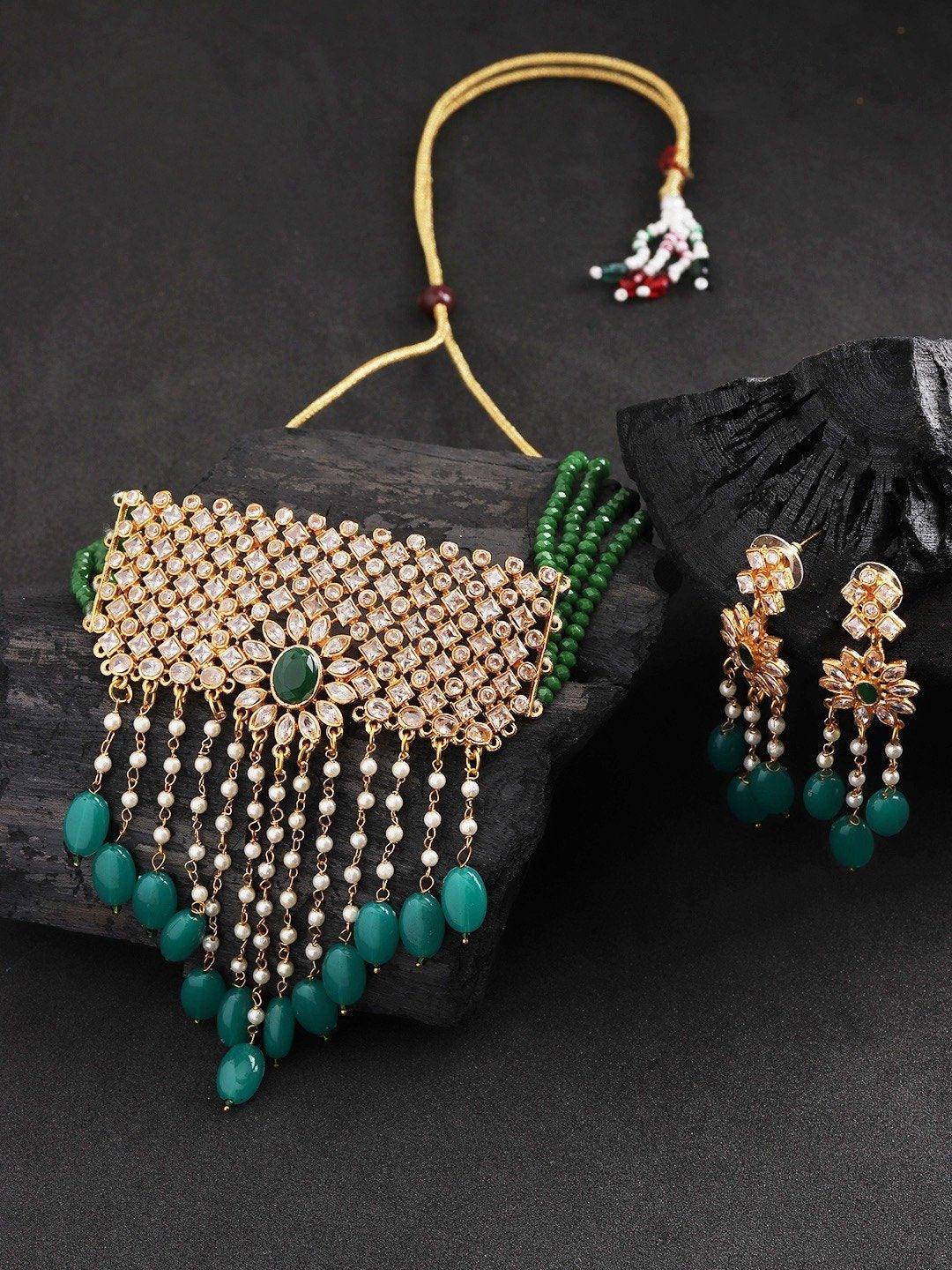 Women's Green Beads Kundan Emerald Gold Plated Jewellery Set - Priyaasi - Indiakreations