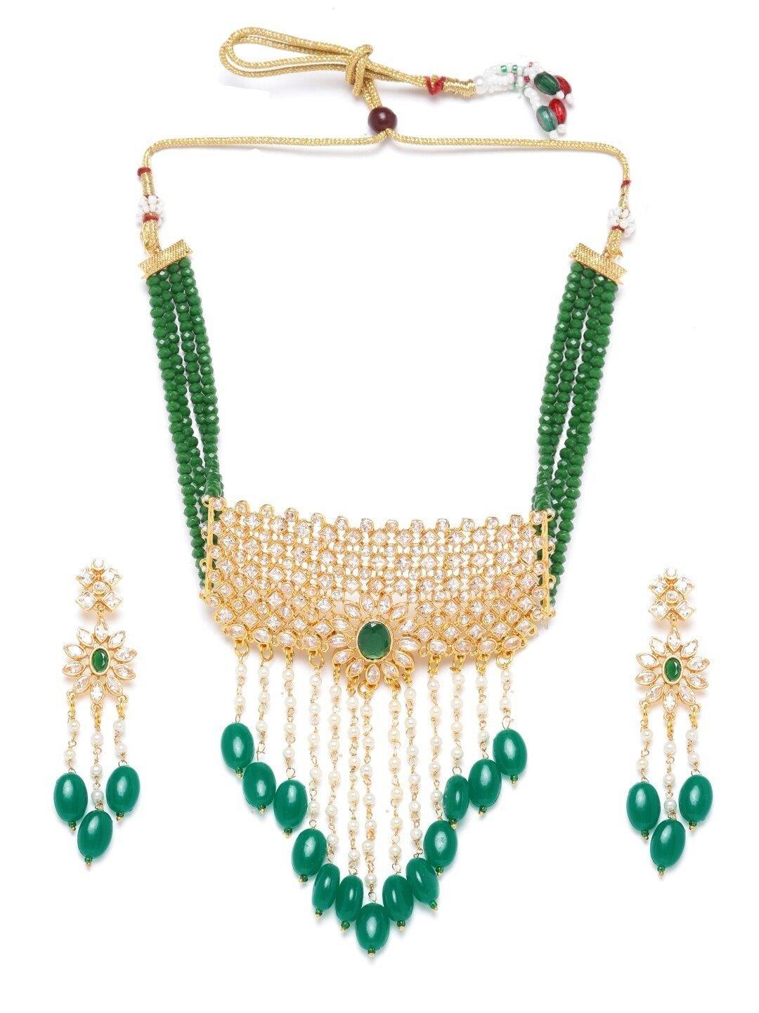 Women's Green Beads Kundan Emerald Gold Plated Jewellery Set - Priyaasi - Indiakreations