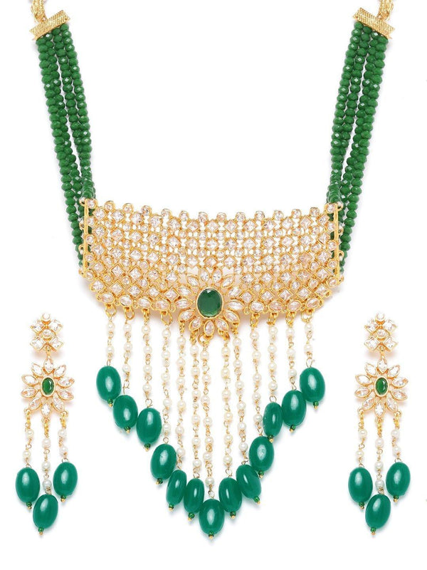 Women's Green Beads Kundan Emerald Gold Plated Jewellery Set - Priyaasi - Indiakreations