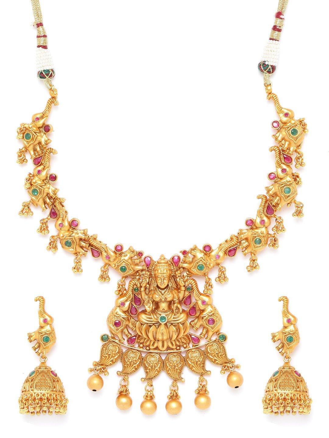 Women's Ruby Emerald Gold Plated Temple Jewellery Set - Priyaasi - Indiakreations