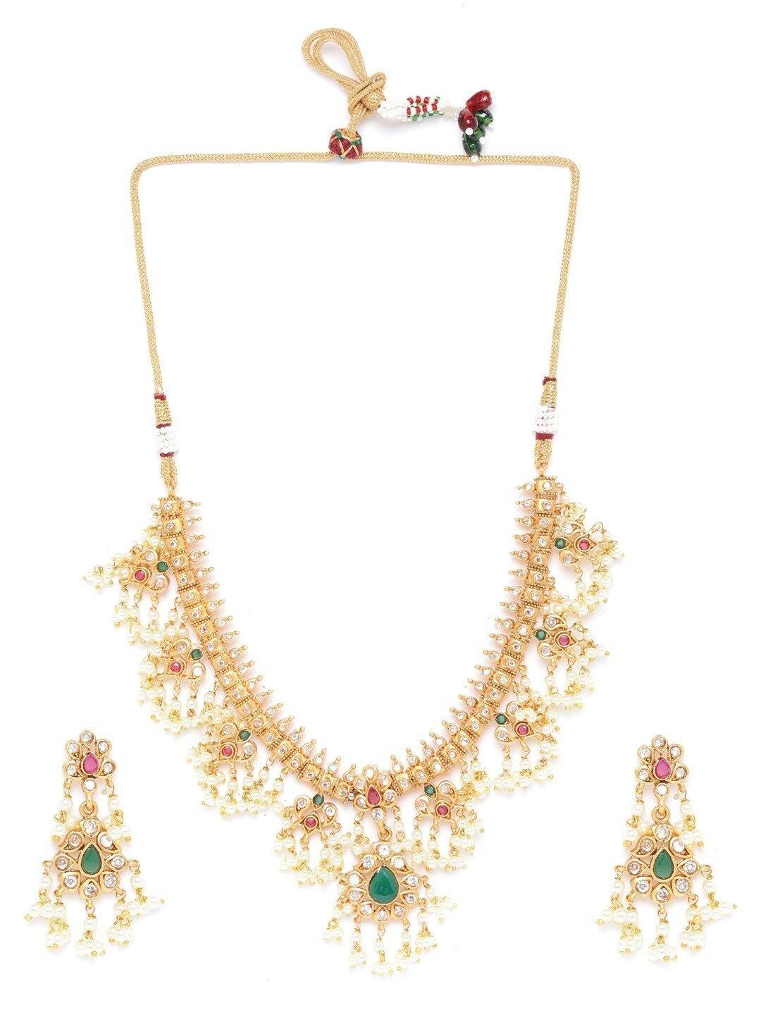 Women's Ruby Emerald Kundan Beads Gold Plated Jewellery Set - Priyaasi - Indiakreations