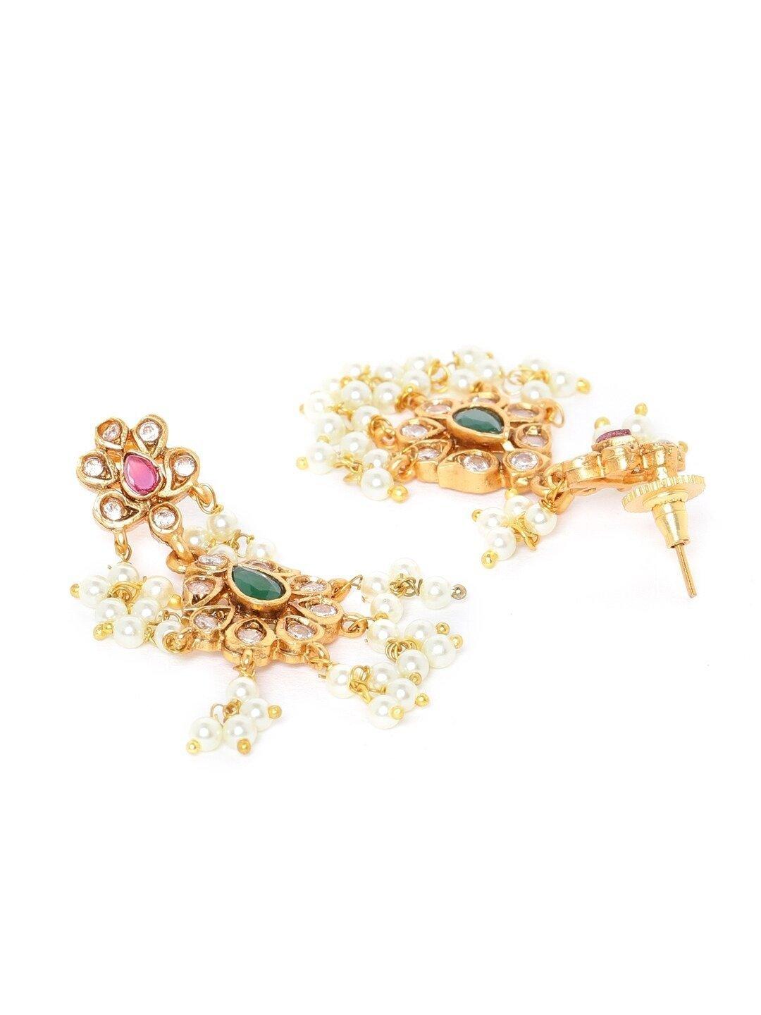 Women's Ruby Emerald Kundan Beads Gold Plated Jewellery Set - Priyaasi - Indiakreations