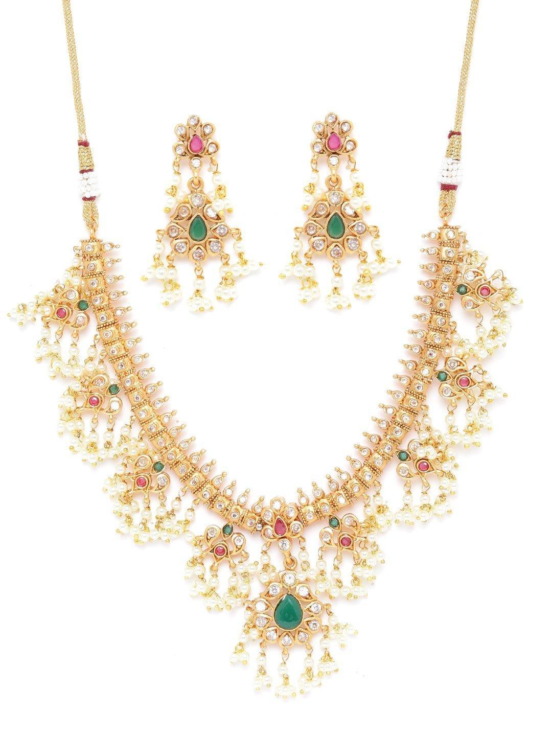 Women's Ruby Emerald Kundan Beads Gold Plated Jewellery Set - Priyaasi - Indiakreations